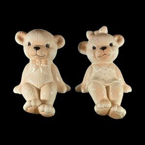 VTG (?) Shelf Sitter Teddy Bears Boy & Girl Amazing Hand Painted Peach & White